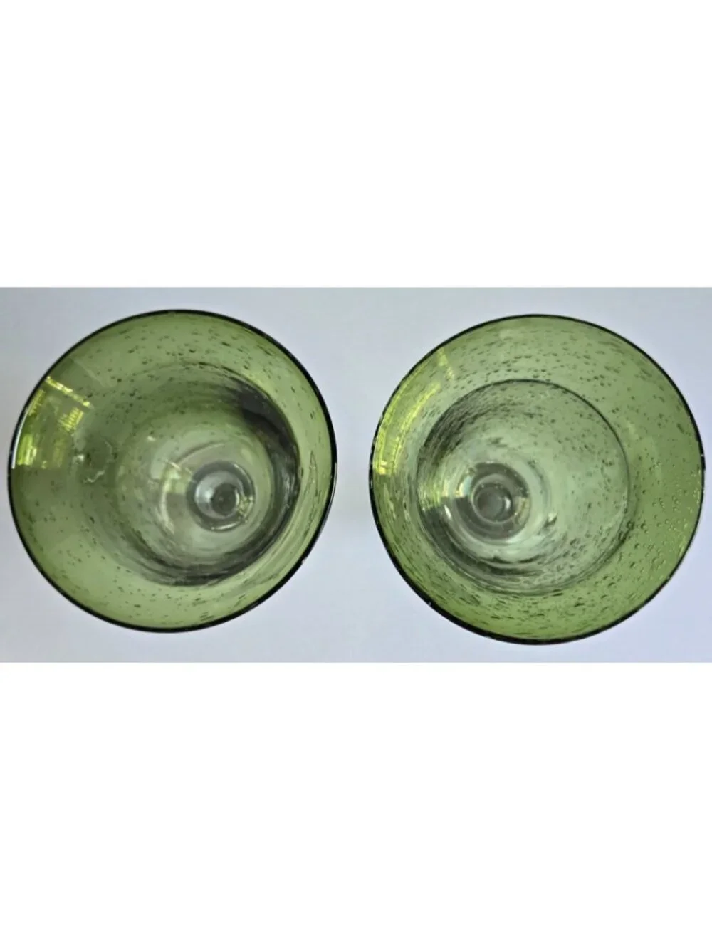 Two Hand-blown Sage Green Bubble Glass Water Goblets with a Thick Clear Stem